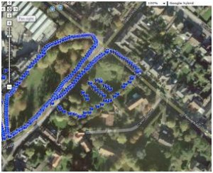 GPS plot showing Burgage Green ‘grid’ with linear feature highlighted picked up through dowsing (small side of Green) (©MBArchaeology, 2013)